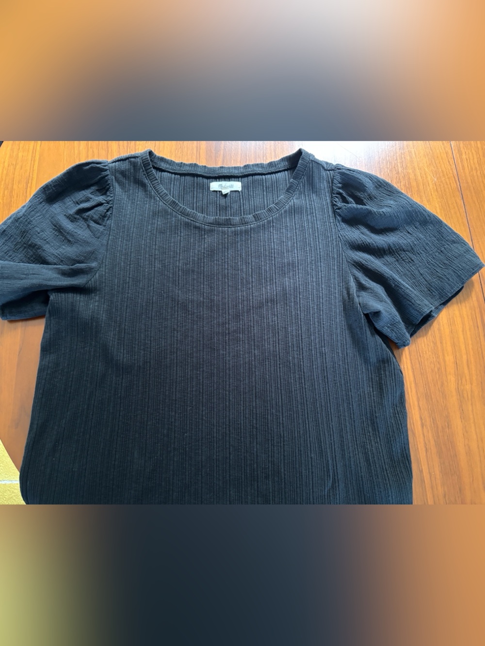 Madewell Black Ribbed Puff-Sleeve Crew Tee